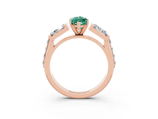 Rose gold Marquise Cut Green Sapphire Engagement Ring with Baguette Side Stones and Channel Set Band