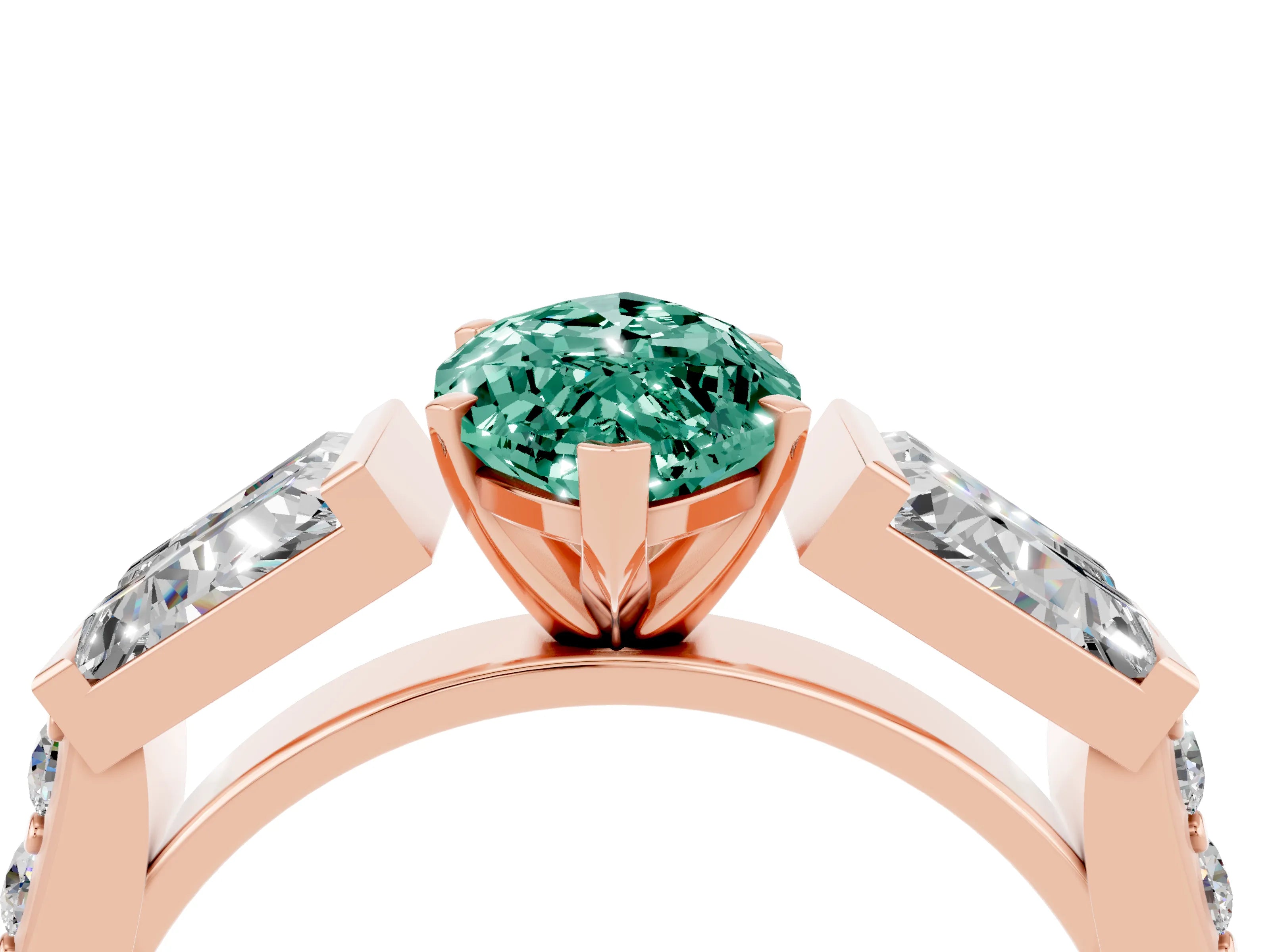 Rose gold Marquise Cut Green Sapphire Engagement Ring with Baguette Side Stones and Channel Set Band_4