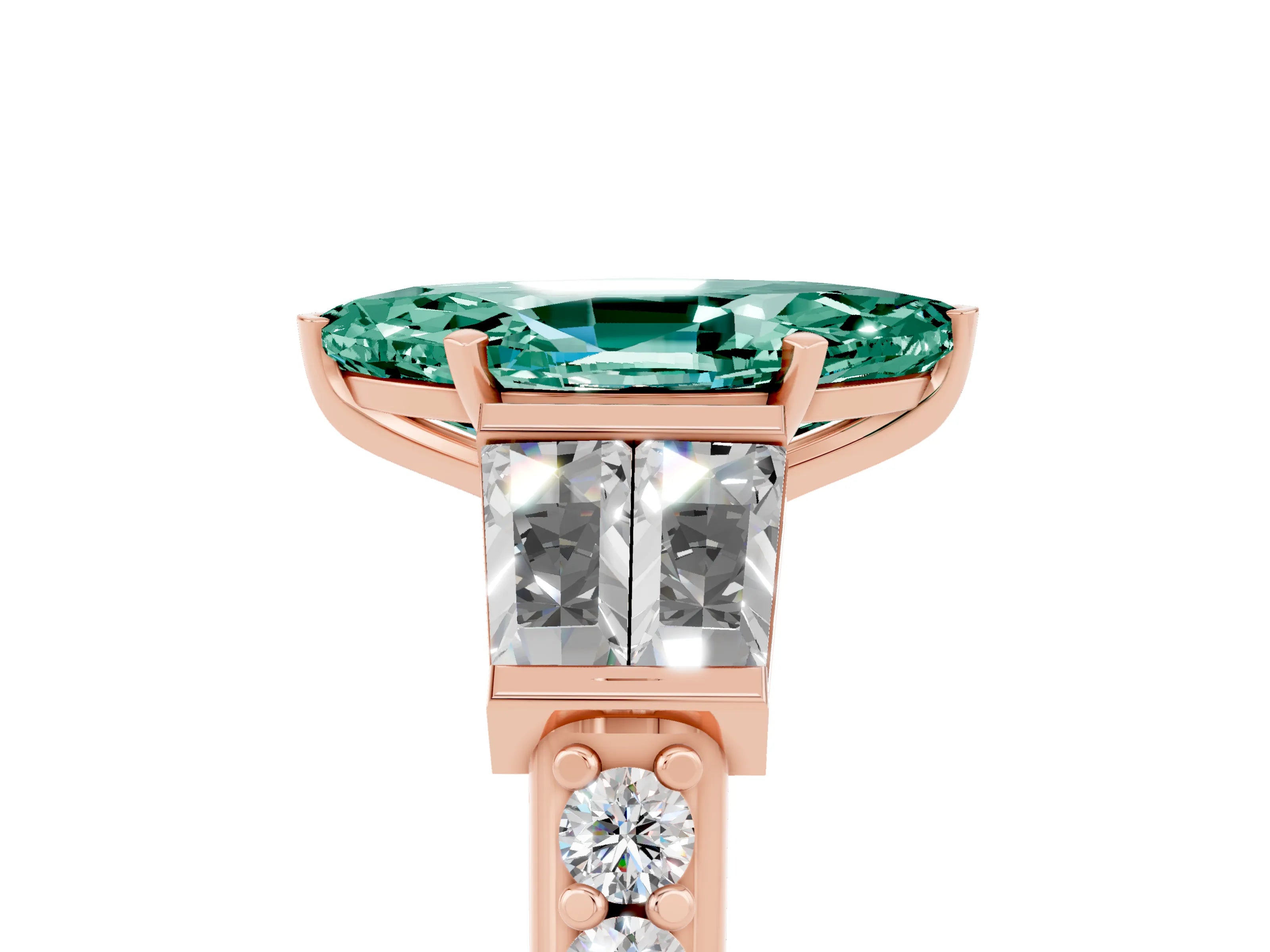 Rose gold Marquise Cut Green Sapphire Engagement Ring with Baguette Side Stones and Channel Set Band_5