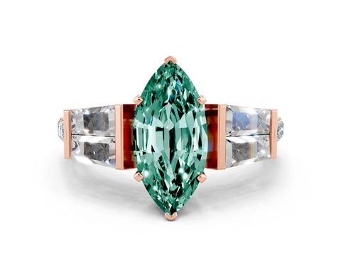 Rose gold Marquise Cut Green Sapphire Engagement Ring with Baguette Side Stones and Channel Set Band
