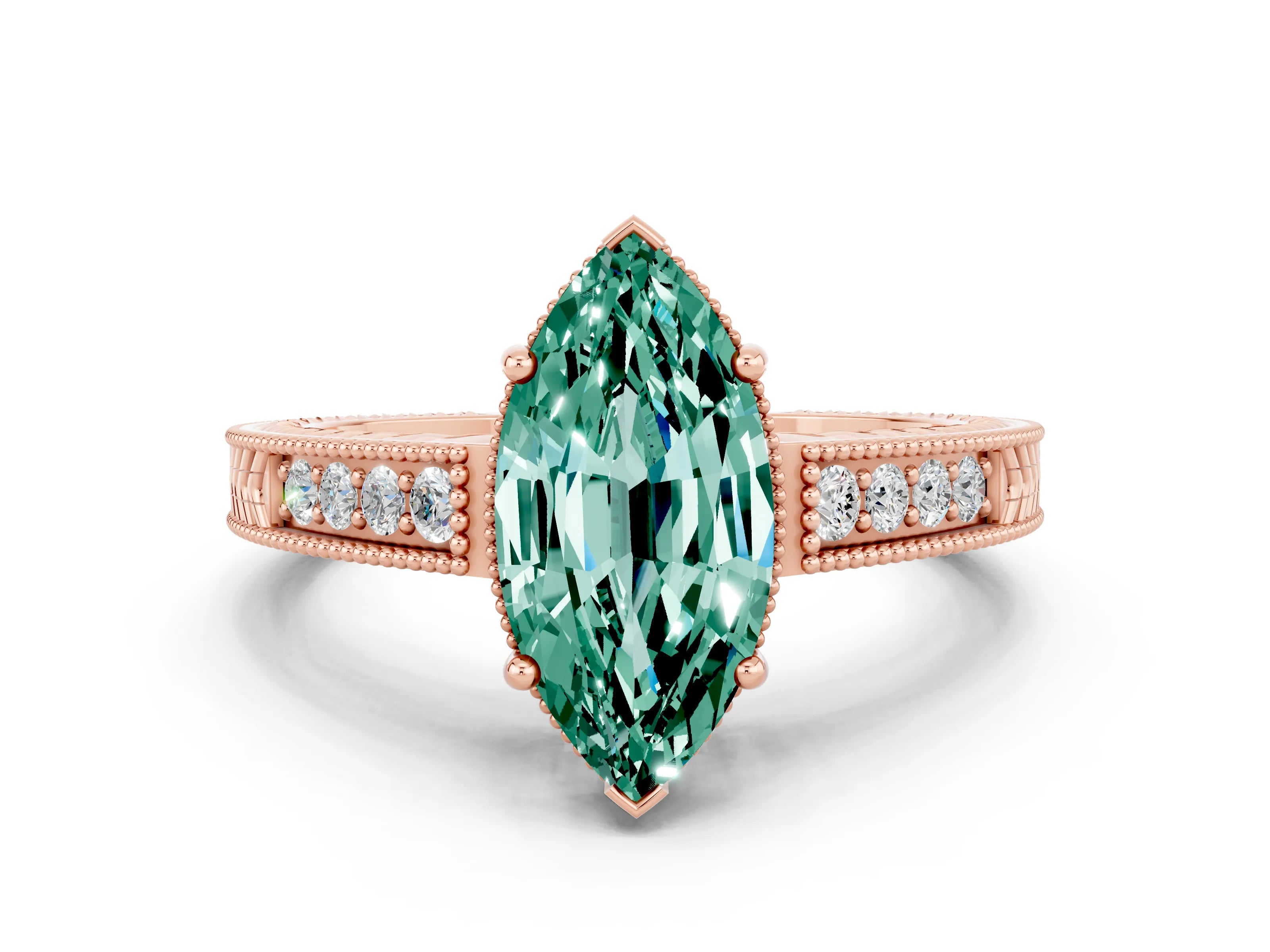 Rose gold Marquise Cut Green Sapphire Engagement Ring with Milgrain Channel Set Band and Prong Setting