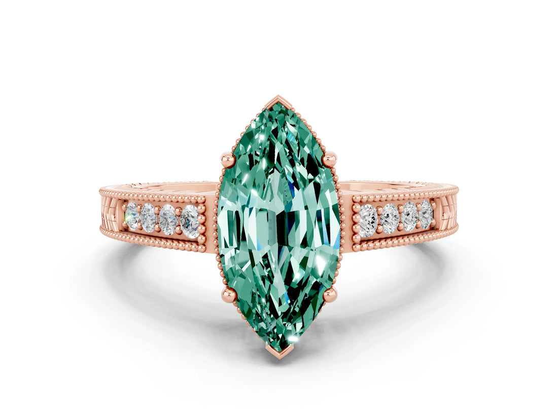 Rose gold Marquise Cut Green Sapphire Engagement Ring with Milgrain Channel Set Band and Prong Setting