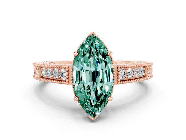 Rose gold Marquise Cut Green Sapphire Engagement Ring with Milgrain Channel Set Band and Prong Setting