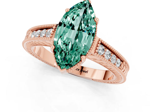 Rose gold Marquise Cut Green Sapphire Engagement Ring with Milgrain Channel Set Band and Prong Setting_1