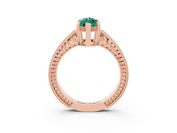 Rose gold Marquise Cut Green Sapphire Engagement Ring with Milgrain Channel Set Band and Prong Setting