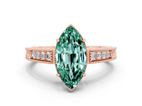 Rose gold Marquise Cut Green Sapphire Engagement Ring with Milgrain Channel Set Band and Prong Setting