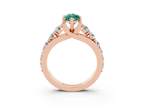 Rose gold Marquise Cut Green Sapphire Engagement Ring with Pavé Band and Four-Prong Setting