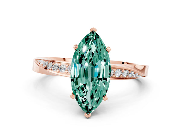 Rose gold Marquise Cut Green Sapphire Engagement Ring with Side Stone Accents and Four-Prong Setting