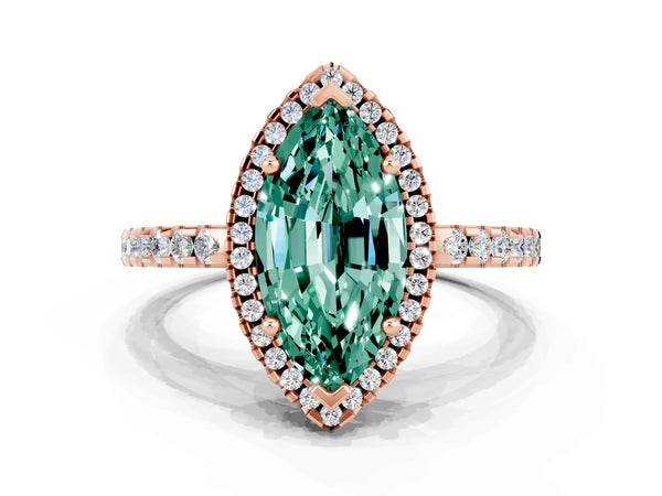 Rose gold Marquise Cut Green Sapphire Halo Engagement Ring with Pavé Band and Prong Setting