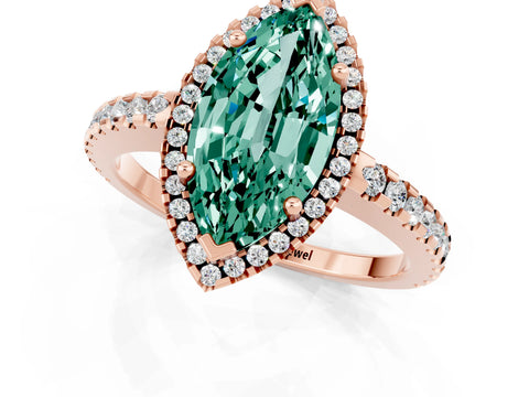 Rose gold Marquise Cut Green Sapphire Halo Engagement Ring with Pavé Band and Prong Setting_13