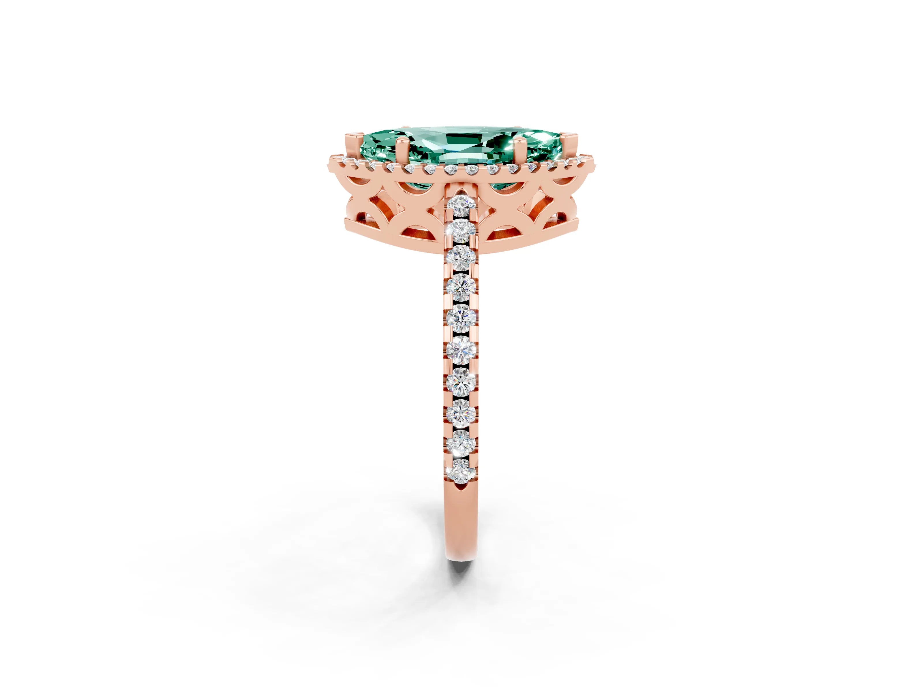 Rose gold Marquise Cut Green Sapphire Halo Engagement Ring with Pavé Band and Prong Setting_14