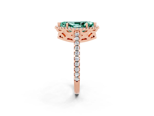 Rose gold Marquise Cut Green Sapphire Halo Engagement Ring with Pavé Band and Prong Setting