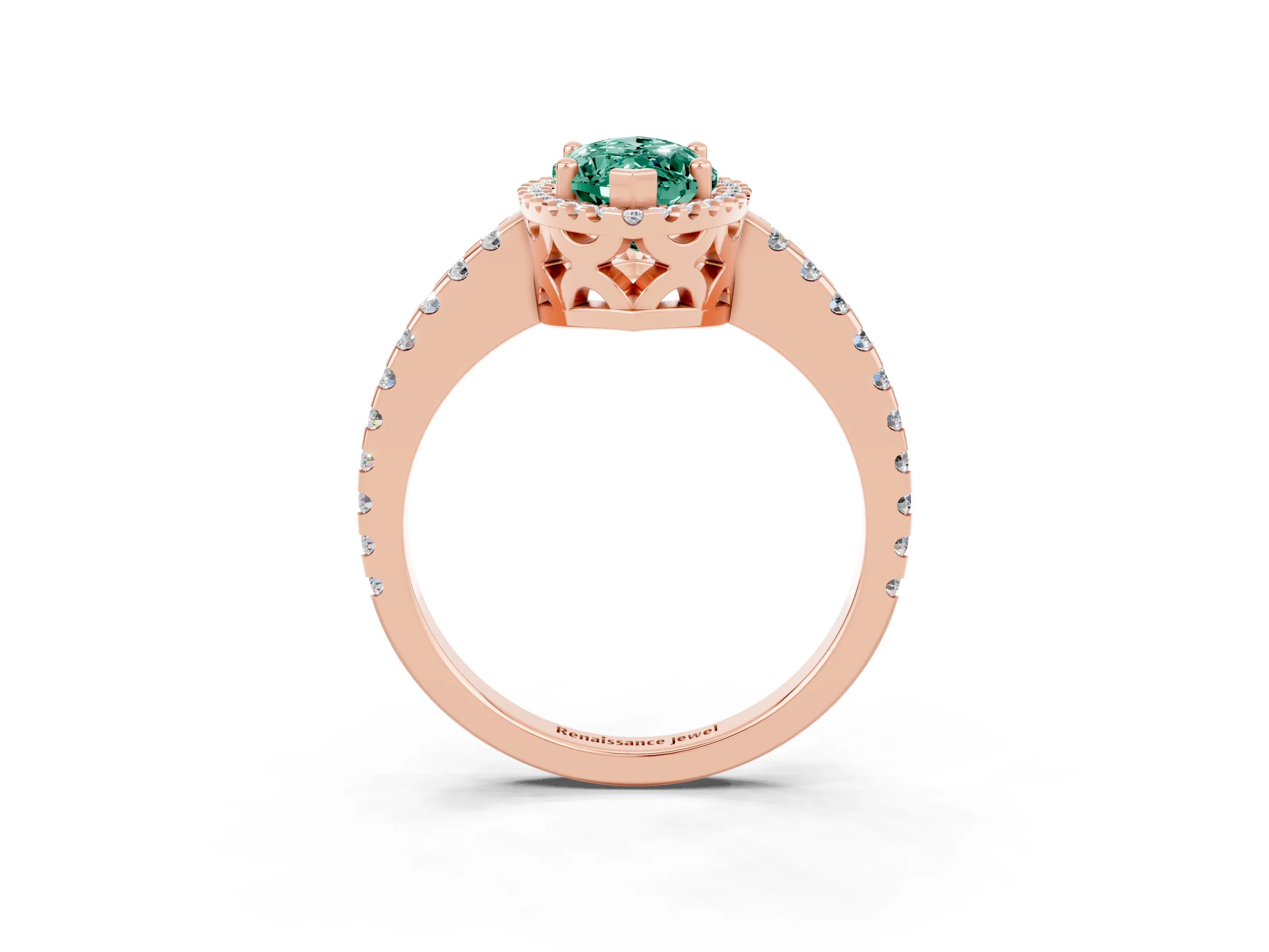 Rose gold Marquise Cut Green Sapphire Halo Engagement Ring with Pavé Band and Prong Setting_15