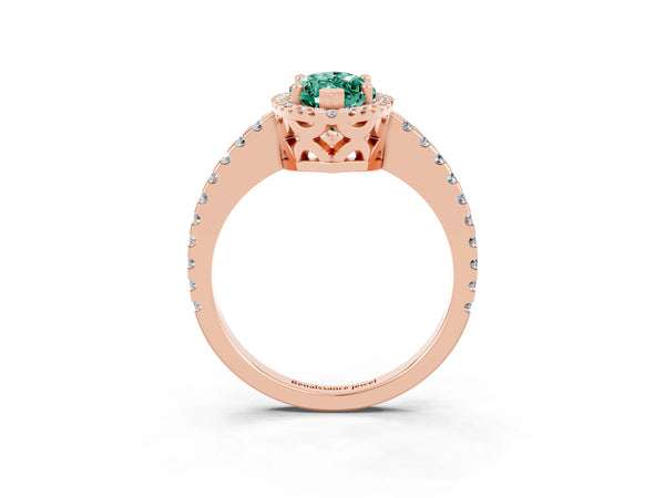 Rose gold Marquise Cut Green Sapphire Halo Engagement Ring with Pavé Band and Prong Setting