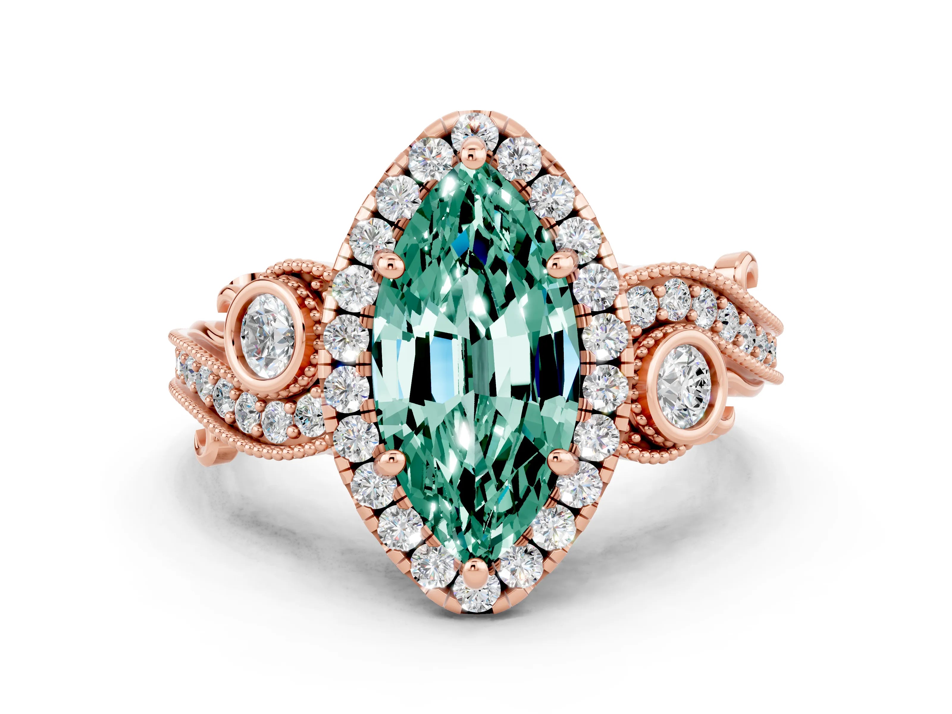 Rose gold Marquise Cut Green Sapphire Halo Ring with Milgrain Pavé Band and Four-Prong Setting_12