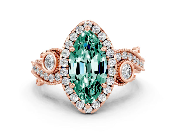 Rose gold Marquise Cut Green Sapphire Halo Ring with Milgrain Pavé Band and Four-Prong Setting