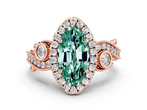 Rose gold Marquise Cut Green Sapphire Halo Ring with Milgrain Pavé Band and Four-Prong Setting_12