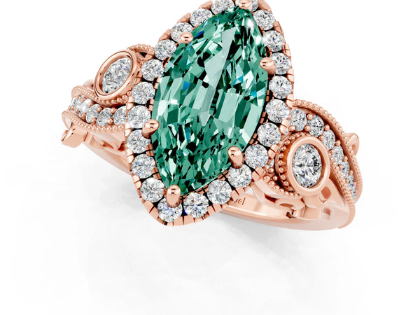 Rose gold Marquise Cut Green Sapphire Halo Ring with Milgrain Pavé Band and Four-Prong Setting