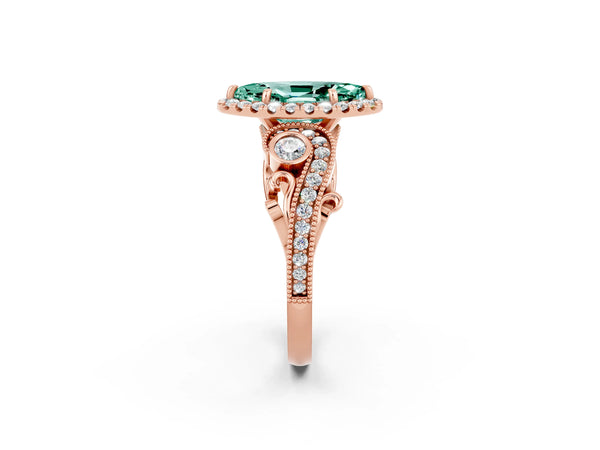 Rose gold Marquise Cut Green Sapphire Halo Ring with Milgrain Pavé Band and Four-Prong Setting