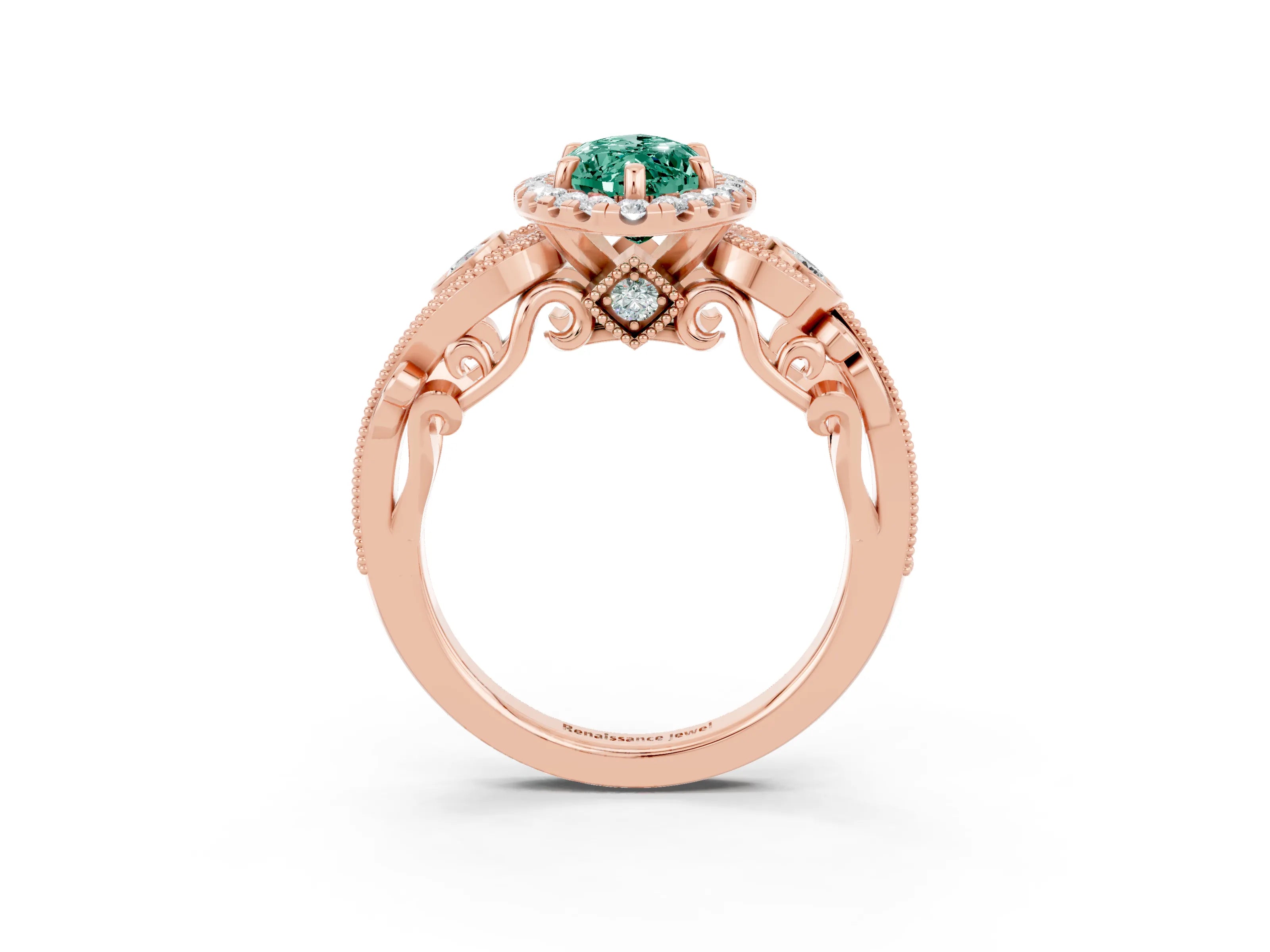 Rose gold Marquise Cut Green Sapphire Halo Ring with Milgrain Pavé Band and Four-Prong Setting_15