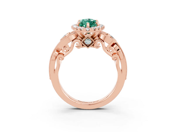Rose gold Marquise Cut Green Sapphire Halo Ring with Milgrain Pavé Band and Four-Prong Setting