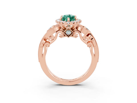 Rose gold Marquise Cut Green Sapphire Halo Ring with Milgrain Pavé Band and Four-Prong Setting_15