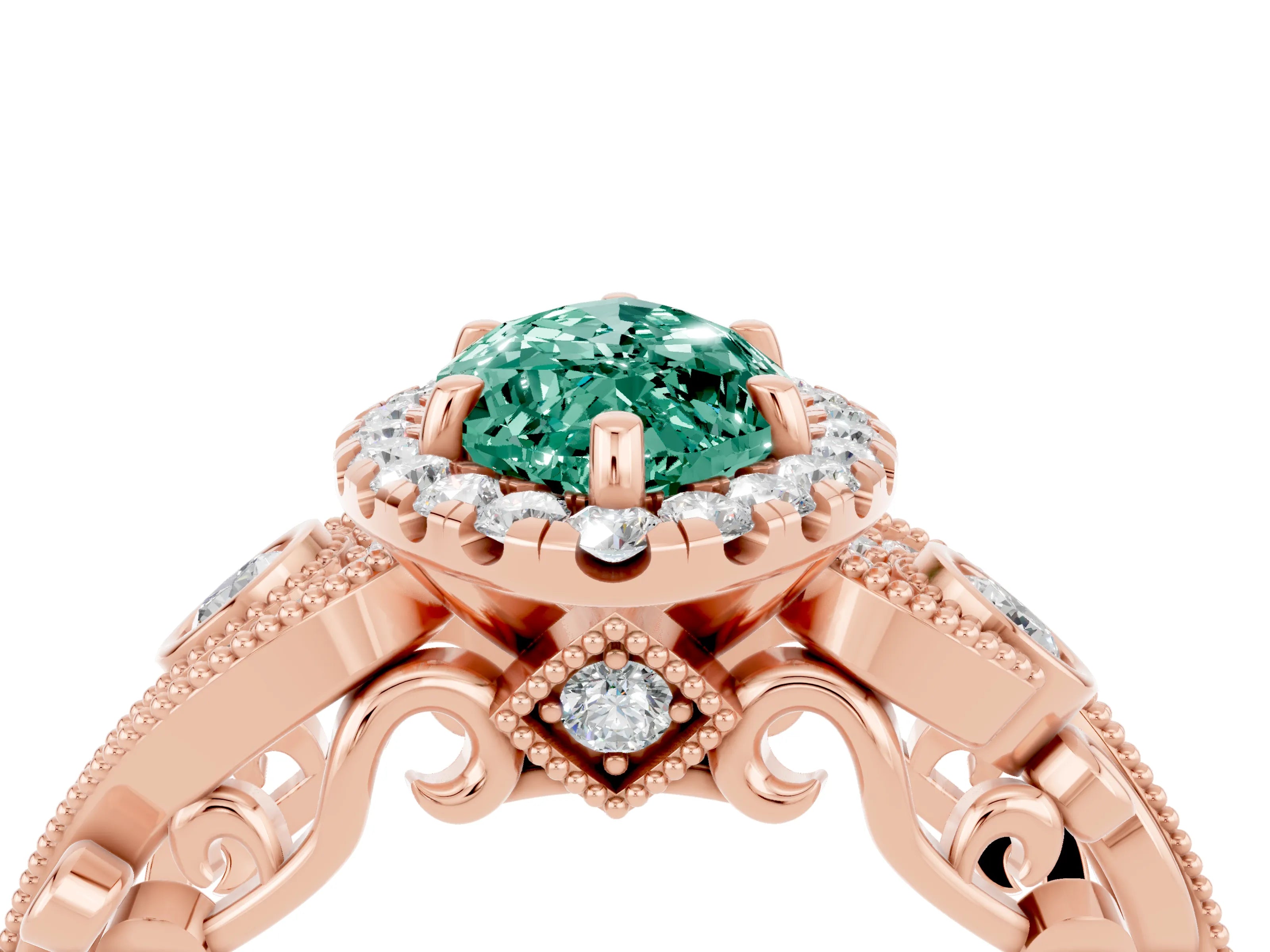 Rose gold Marquise Cut Green Sapphire Halo Ring with Milgrain Pavé Band and Four-Prong Setting_16
