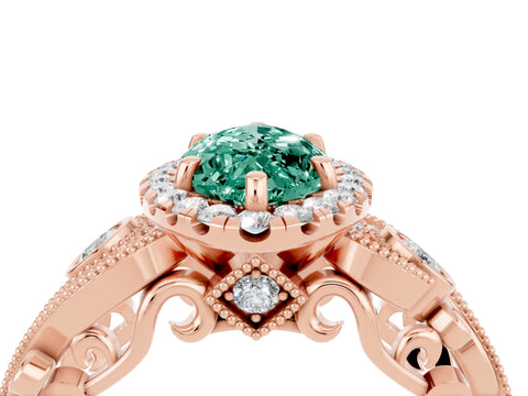 Rose gold Marquise Cut Green Sapphire Halo Ring with Milgrain Pavé Band and Four-Prong Setting_16