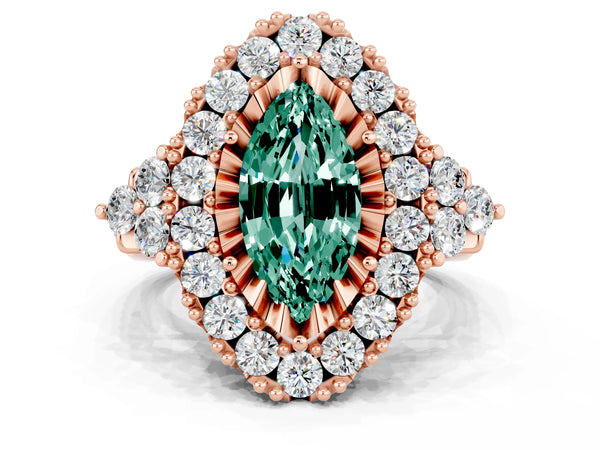 Rose gold Marquise Cut Green Sapphire Halo Ring with Pavé Band and Four-Prong Setting