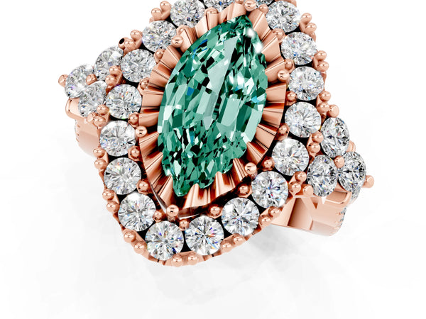 Rose gold Marquise Cut Green Sapphire Halo Ring with Pavé Band and Four-Prong Setting