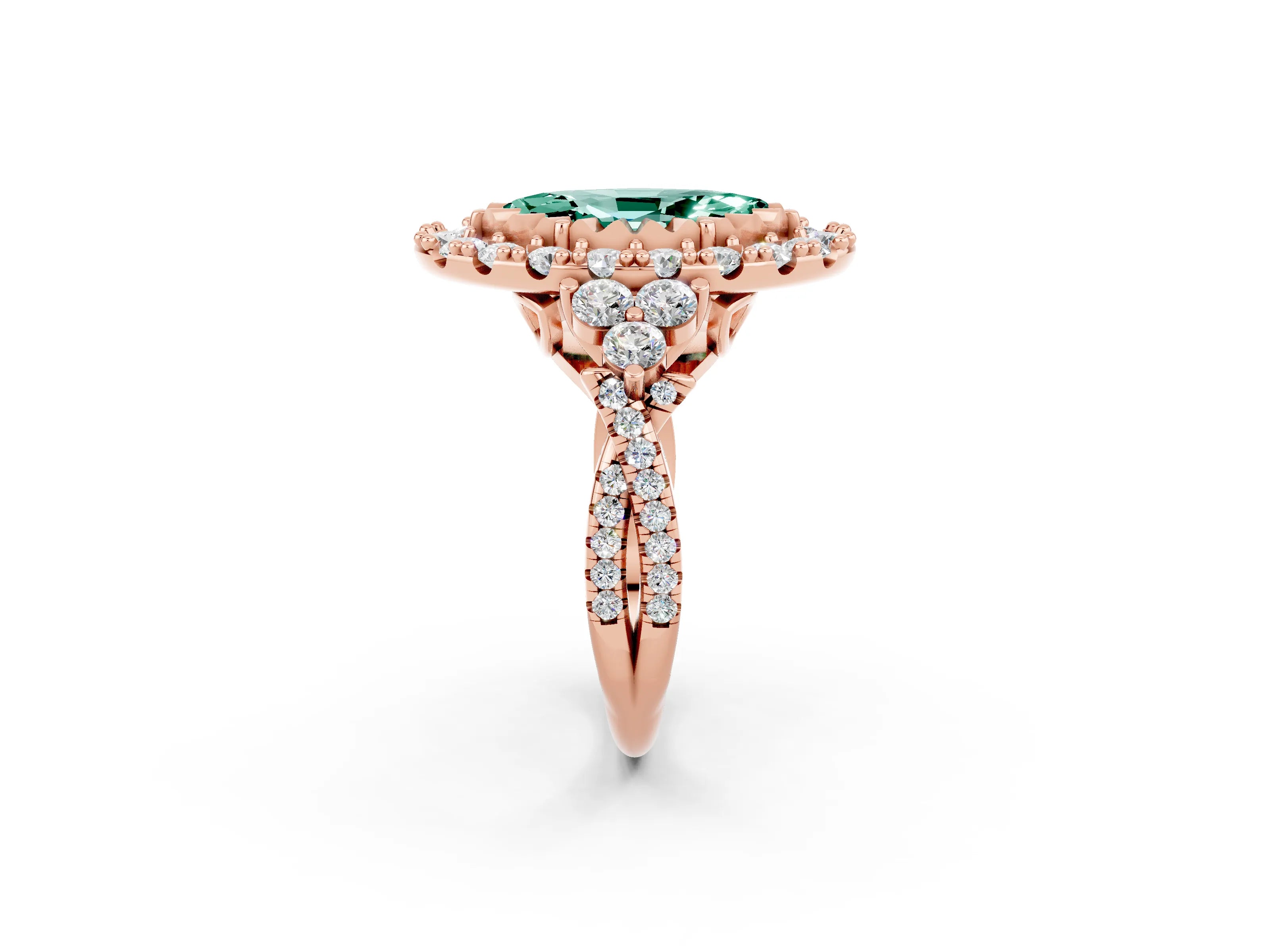 Rose gold Marquise Cut Green Sapphire Halo Ring with Pavé Band and Four-Prong Setting_14