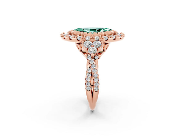 Rose gold Marquise Cut Green Sapphire Halo Ring with Pavé Band and Four-Prong Setting