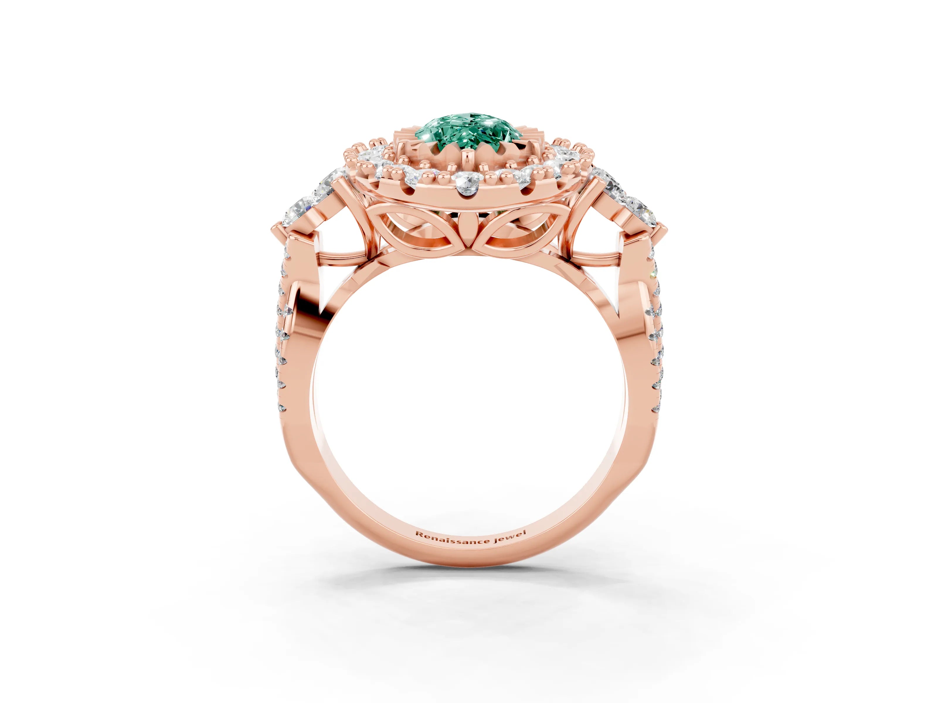 Rose gold Marquise Cut Green Sapphire Halo Ring with Pavé Band and Four-Prong Setting_15