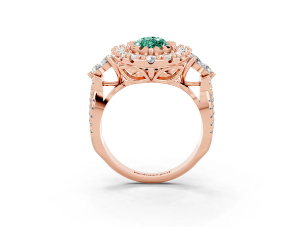Rose gold Marquise Cut Green Sapphire Halo Ring with Pavé Band and Four-Prong Setting