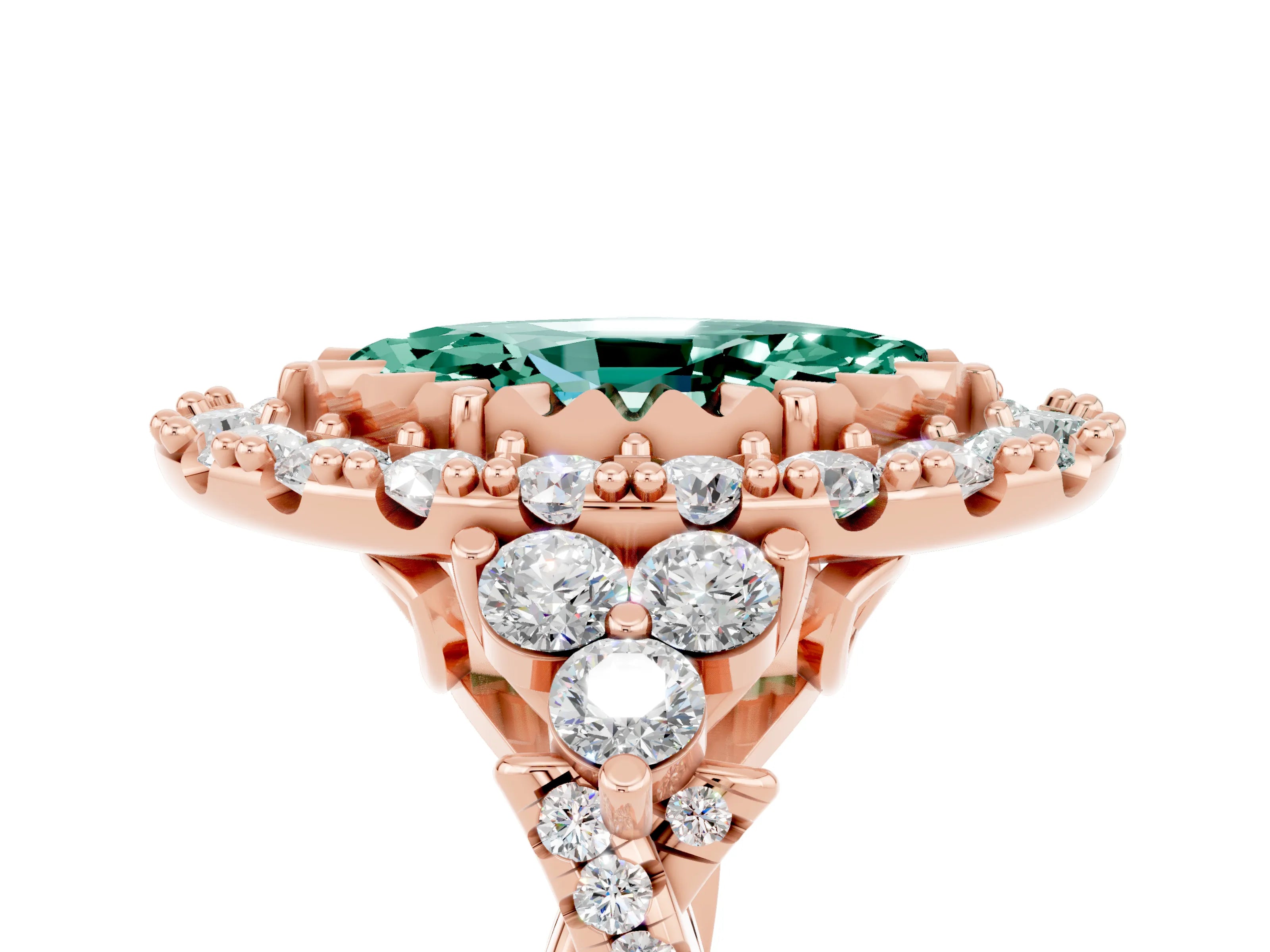 Rose gold Marquise Cut Green Sapphire Halo Ring with Pavé Band and Four-Prong Setting_17
