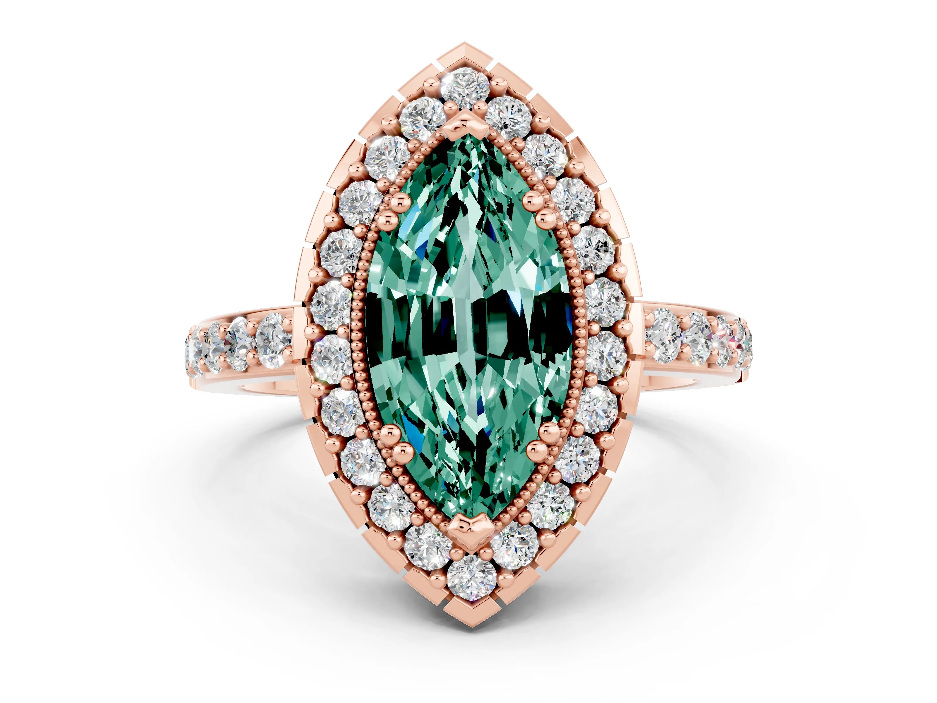 Rose gold Marquise Cut Green Sapphire Halo Ring with Pavé Band and Prong Setting