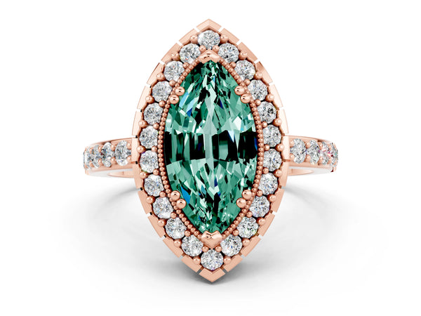 Rose gold Marquise Cut Green Sapphire Halo Ring with Pavé Band and Prong Setting
