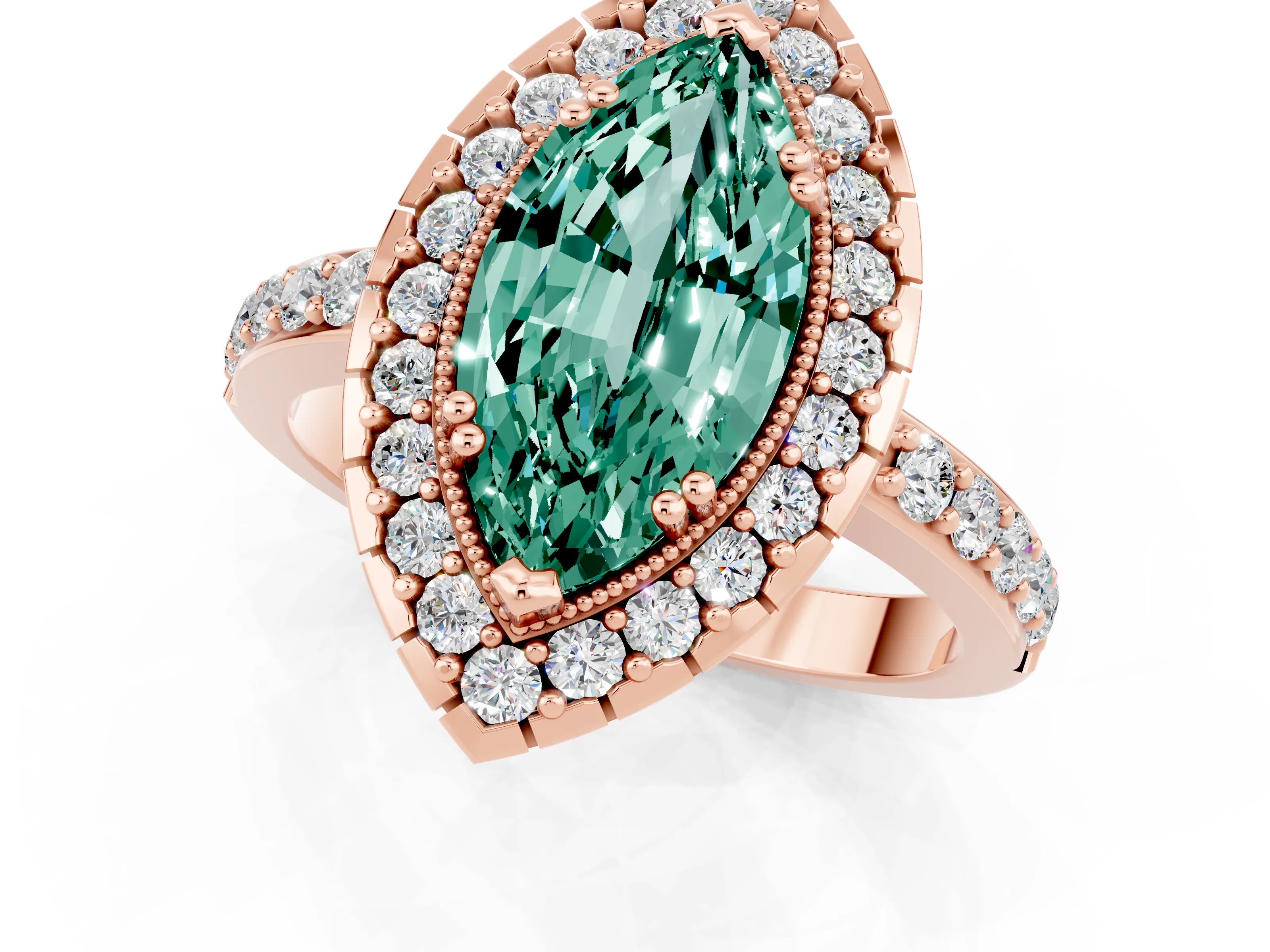 Rose gold Marquise Cut Green Sapphire Halo Ring with Pavé Band and Prong Setting_1