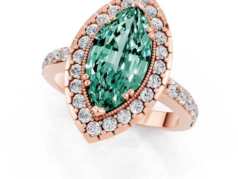 Rose gold Marquise Cut Green Sapphire Halo Ring with Pavé Band and Prong Setting_1