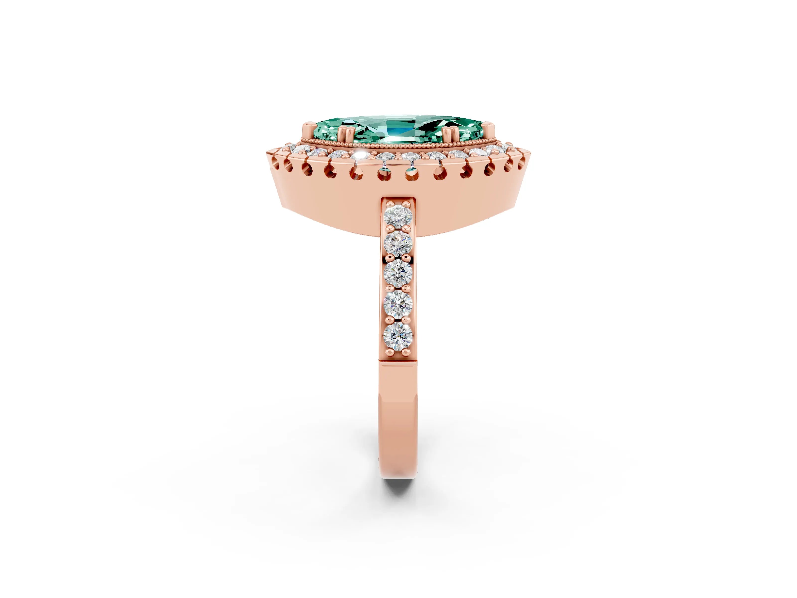 Rose gold Marquise Cut Green Sapphire Halo Ring with Pavé Band and Prong Setting_2