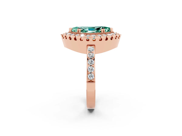 Rose gold Marquise Cut Green Sapphire Halo Ring with Pavé Band and Prong Setting