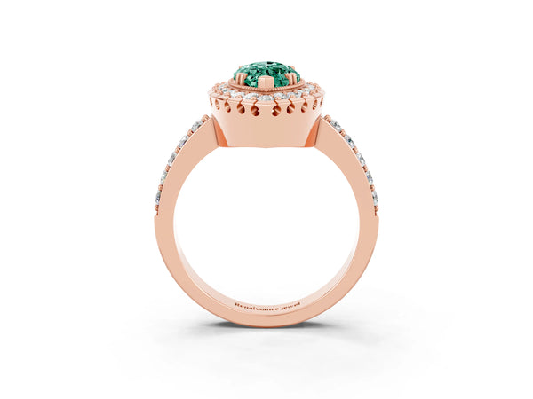 Rose gold Marquise Cut Green Sapphire Halo Ring with Pavé Band and Prong Setting