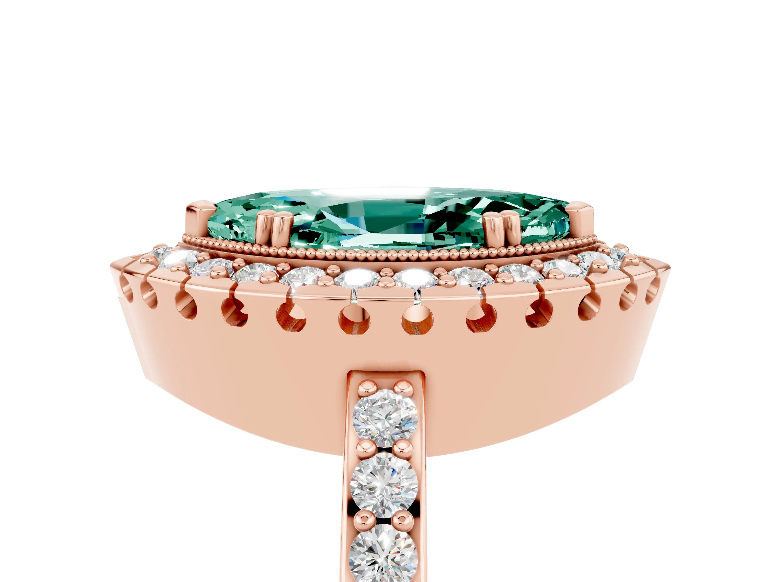 Rose gold Marquise Cut Green Sapphire Halo Ring with Pavé Band and Prong Setting_5