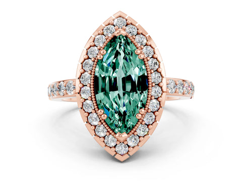 Rose gold Marquise Cut Green Sapphire Halo Ring with Pavé Band and Prong Setting