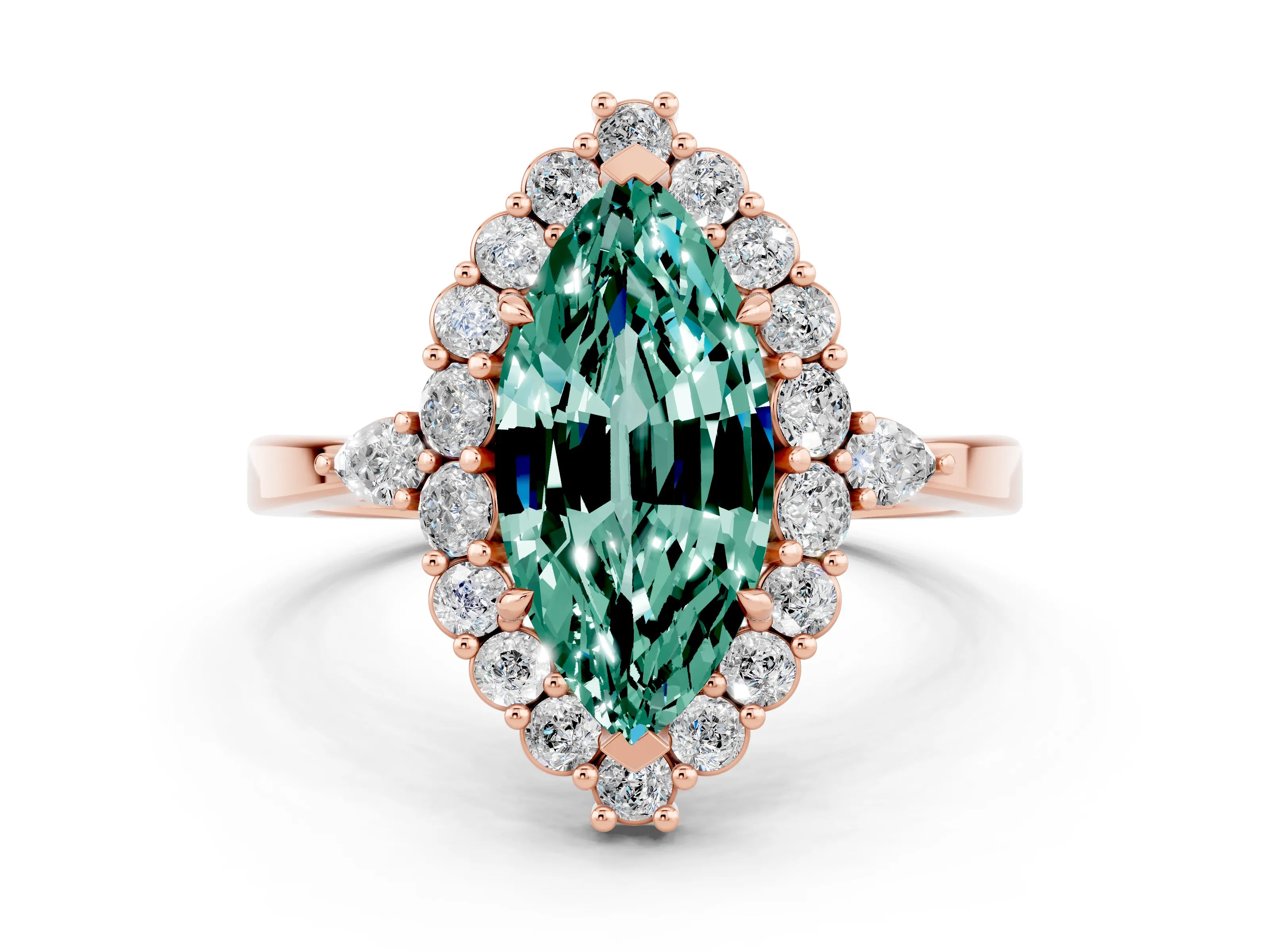 Rose gold Marquise Cut Green Sapphire Halo Ring with Pear Side Stones and Prong Setting_32