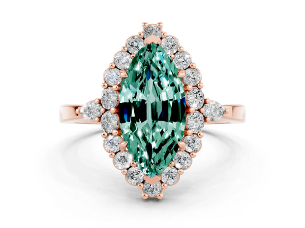 Rose gold Marquise Cut Green Sapphire Halo Ring with Pear Side Stones and Prong Setting