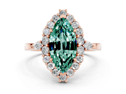 Rose gold Marquise Cut Green Sapphire Halo Ring with Pear Side Stones and Prong Setting_32