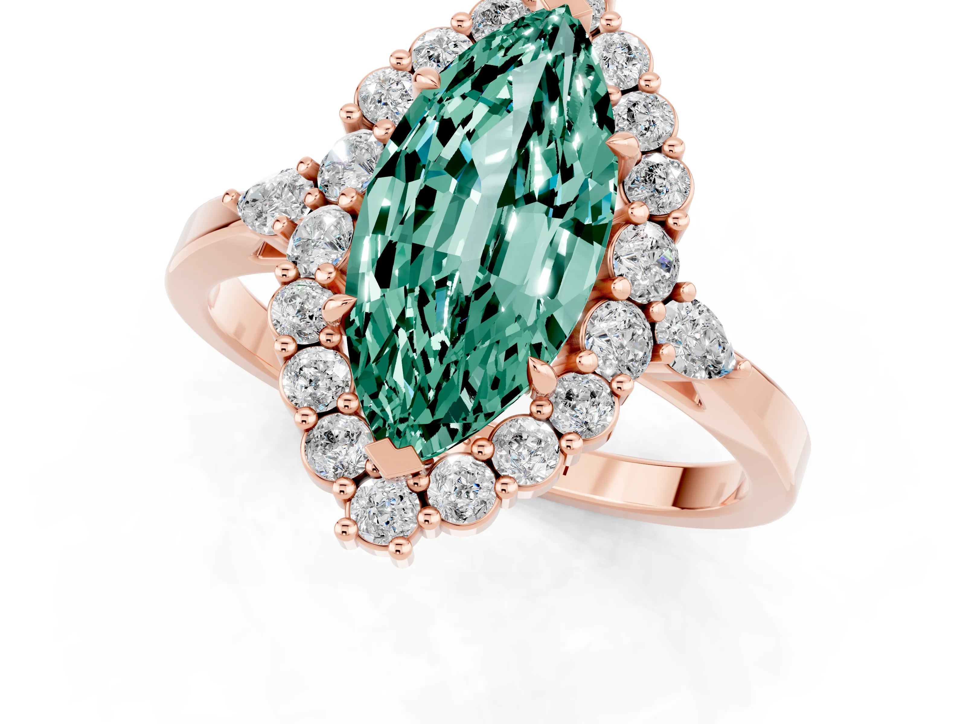 Rose gold Marquise Cut Green Sapphire Halo Ring with Pear Side Stones and Prong Setting_33
