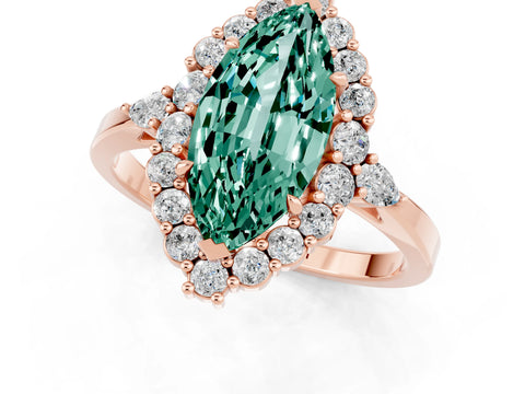 Rose gold Marquise Cut Green Sapphire Halo Ring with Pear Side Stones and Prong Setting_33