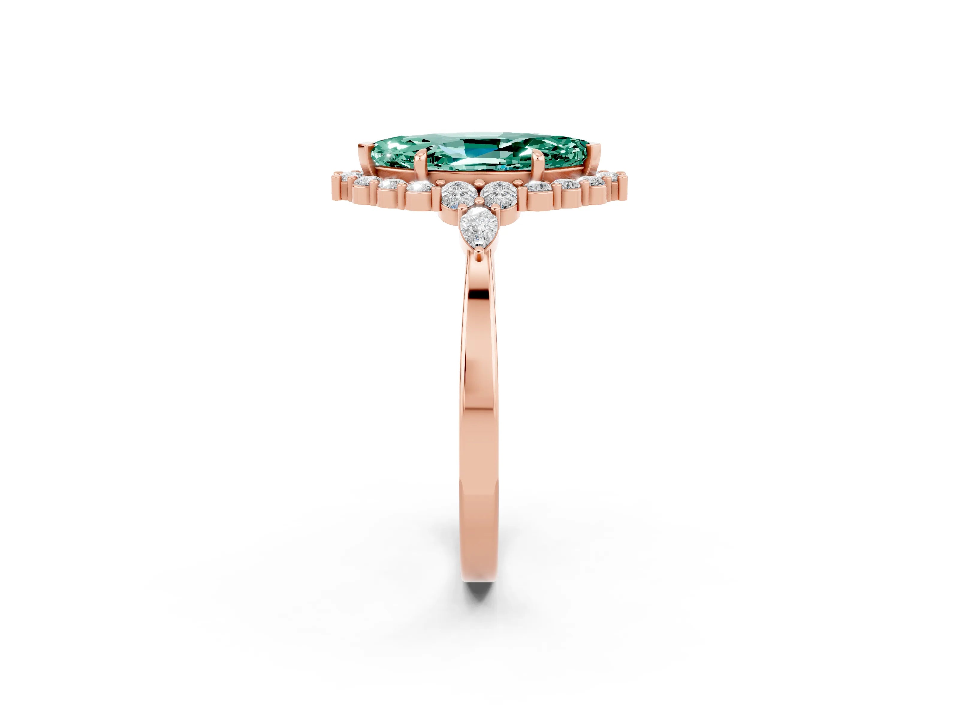 Rose gold Marquise Cut Green Sapphire Halo Ring with Pear Side Stones and Prong Setting_34